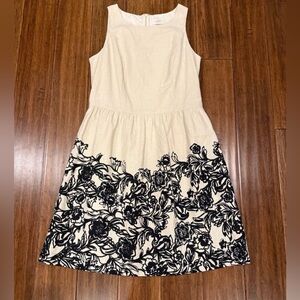 LOFT Linen Blend Dress with Black Floral Design